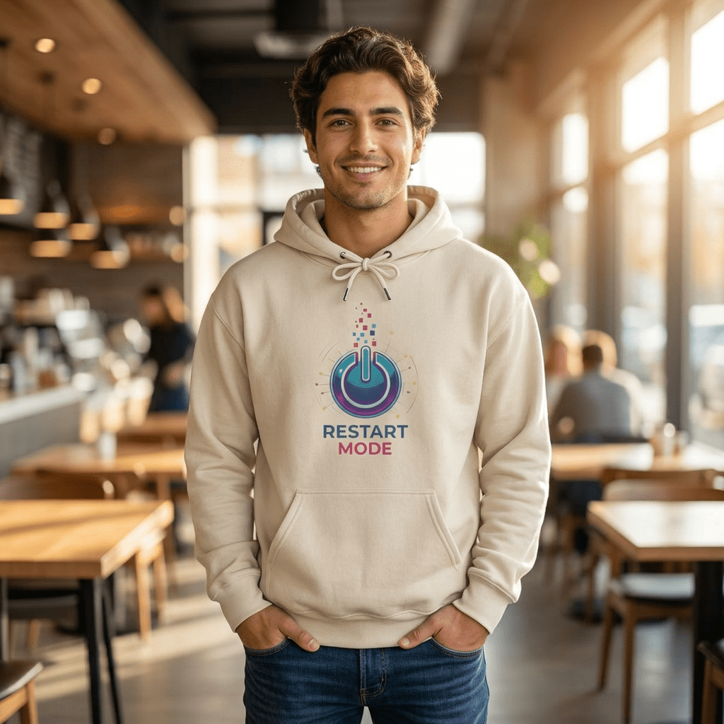 Restart Mode Hoodie | Unisex Graphic Hoodie | Positive Lifestyle Hoodie | Tech Inspired Sweatshirt | Everyday Comfort - SJM Print Store