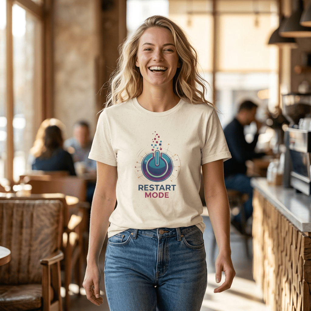 Restart Mode T-Shirt | Positive Lifestyle Graphic Tee | Unisex Casual T-Shirt | Tech Inspired Everyday Shirt | Natural Colour Tee - SJM Print Store