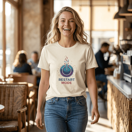 Restart Mode T-Shirt | Positive Lifestyle Graphic Tee | Unisex Casual T-Shirt | Tech Inspired Everyday Shirt | Natural Colour Tee - SJM Print Store