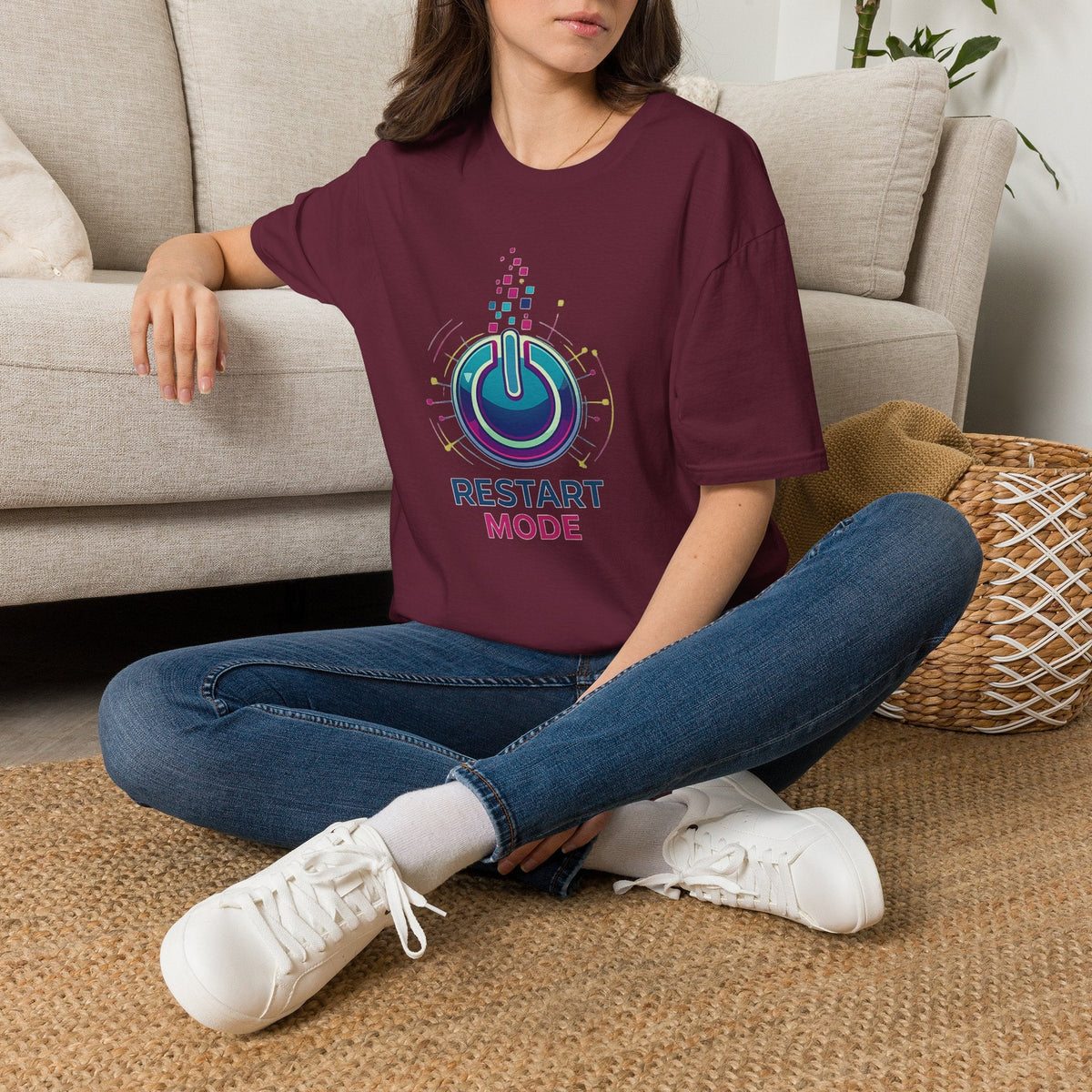 Restart Mode T-Shirt | Positive Lifestyle Graphic Tee | Unisex Casual T-Shirt | Tech Inspired Everyday Shirt | Natural Colour Tee - SJM Print Store