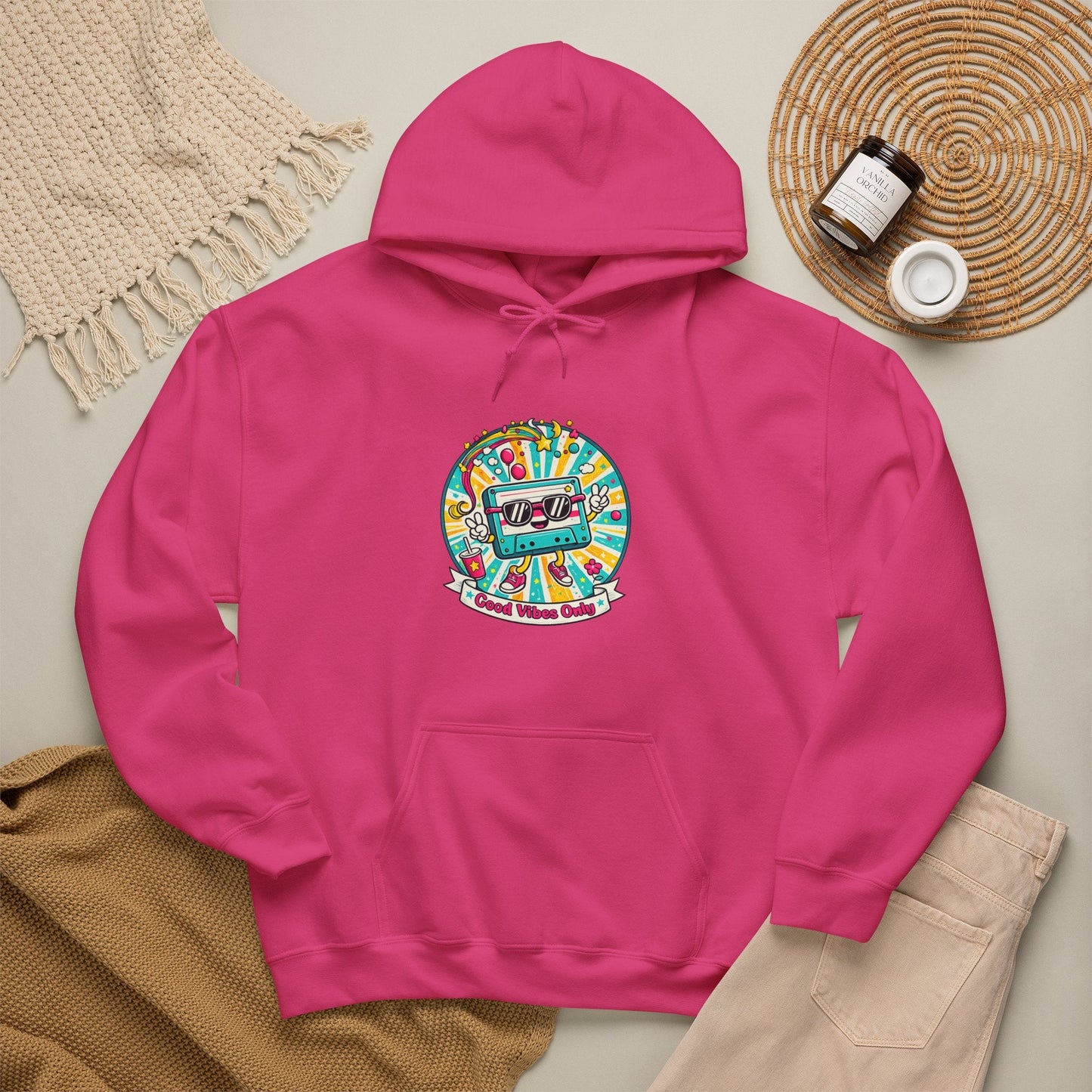 Retro Good Vibes Only Hoodie Colourful Retro Cassette Hoodie 80s and 90s Inspired Unisex Hooded Sweatshirt - SJM Print Store