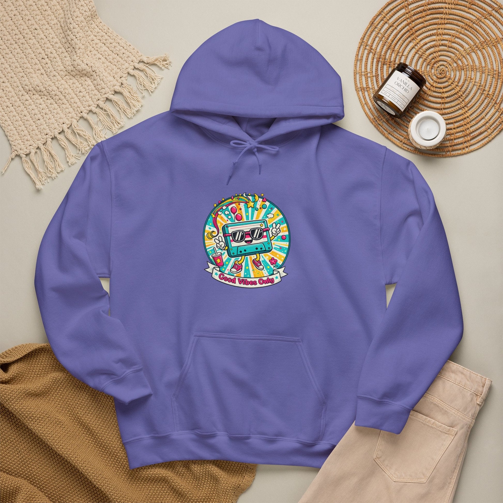 Retro Good Vibes Only Hoodie Colourful Retro Cassette Hoodie 80s and 90s Inspired Unisex Hooded Sweatshirt - SJM Print Store