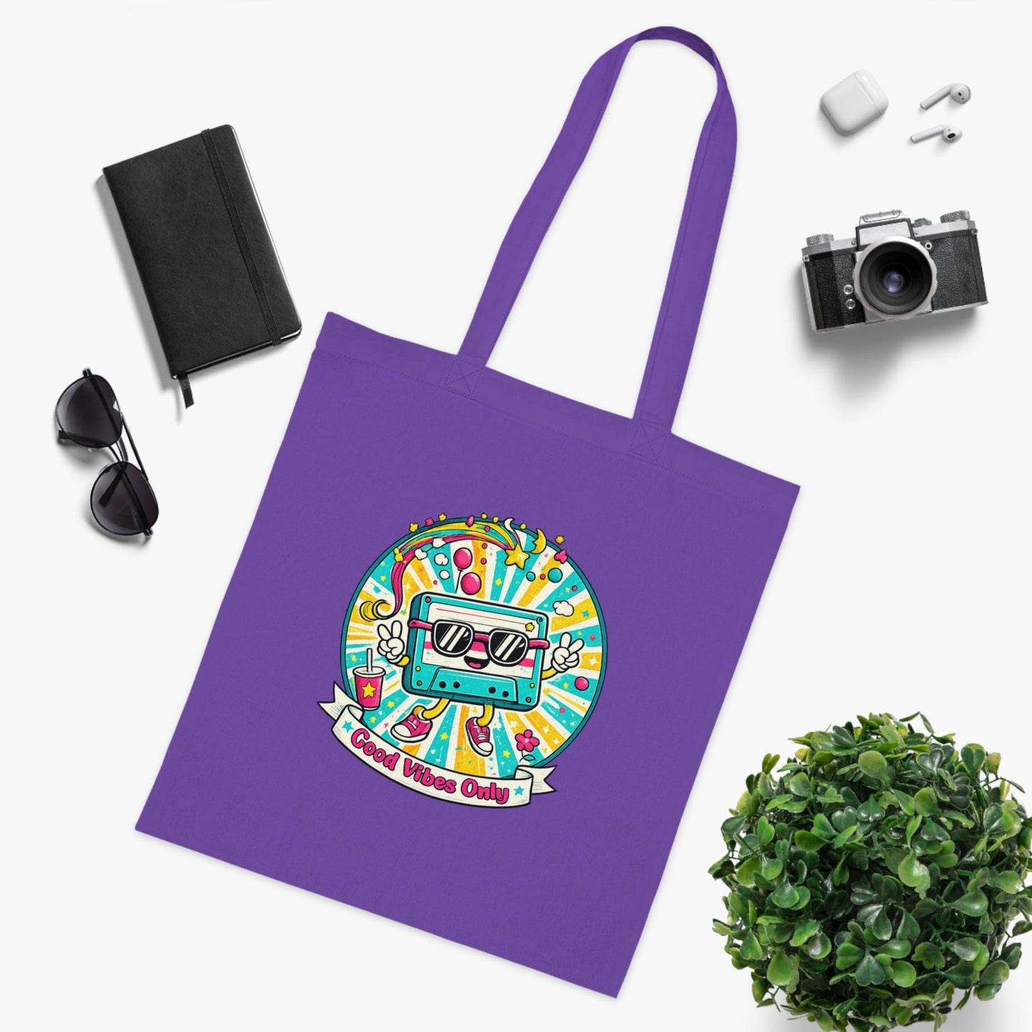Retro Good Vibes Only Tote Bag | Colourful Cotton Shopping Bag | Reusable Retro Tote | 80s and 90s Inspired Gift - SJM Print Store