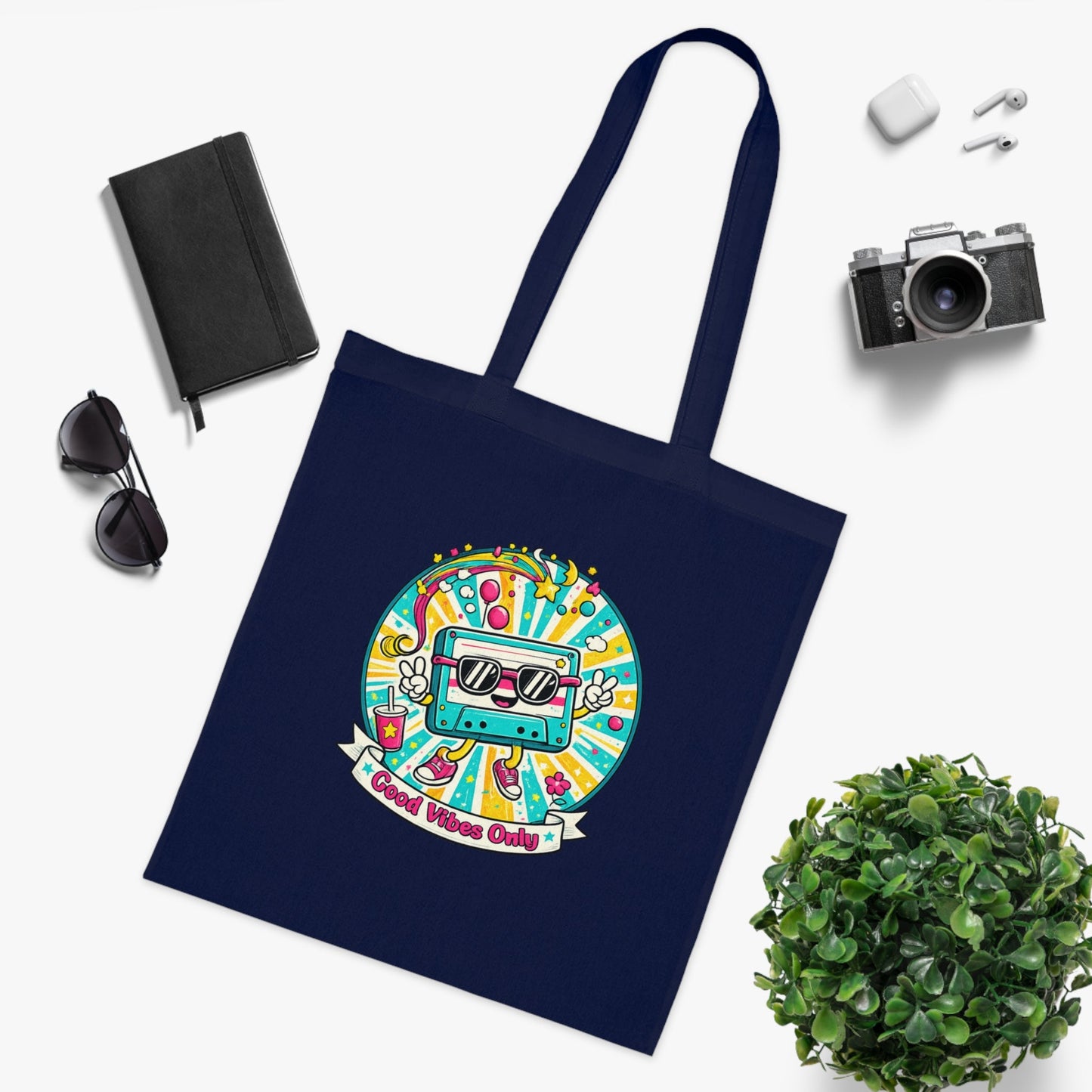 Retro Good Vibes Only Tote Bag | Colourful Cotton Shopping Bag | Reusable Retro Tote | 80s and 90s Inspired Gift - SJM Print Store