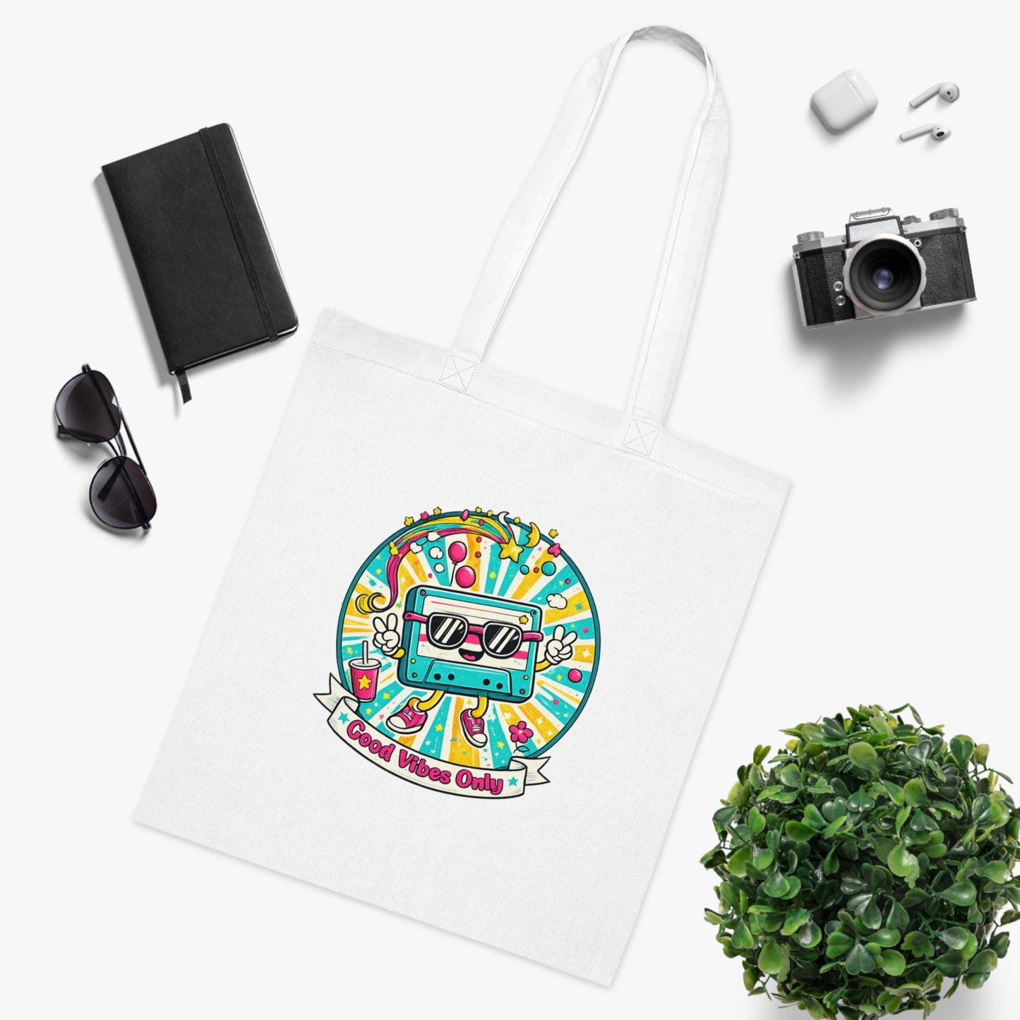 Retro Good Vibes Only Tote Bag | Colourful Cotton Shopping Bag | Reusable Retro Tote | 80s and 90s Inspired Gift - SJM Print Store