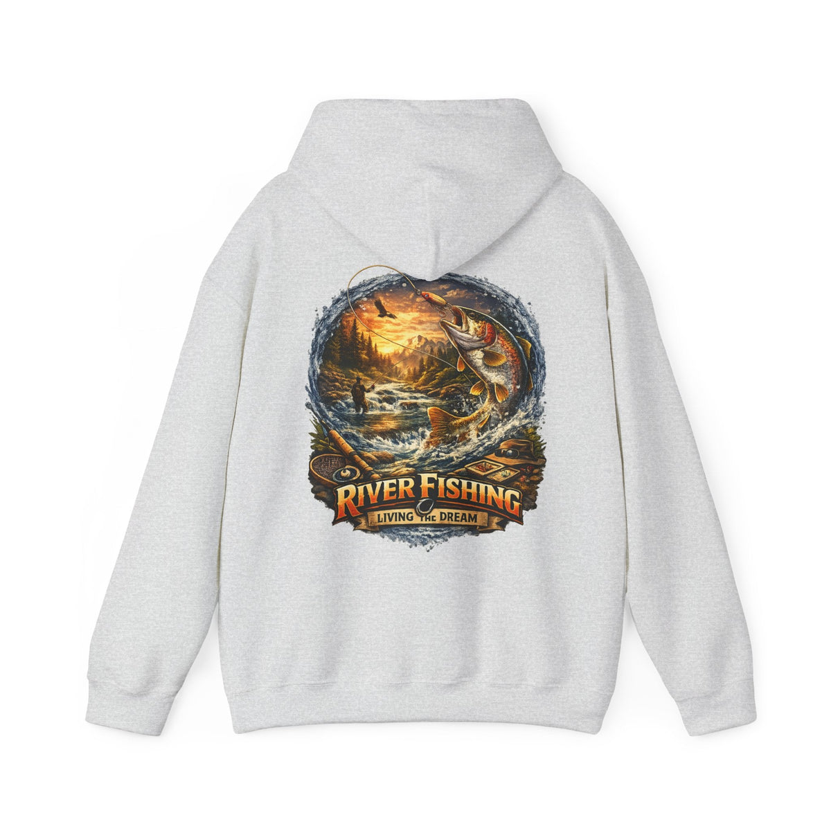 River Fishing Living the Dream Back Print Hoodie Angler Fishing Hoodie - SJM Print Store