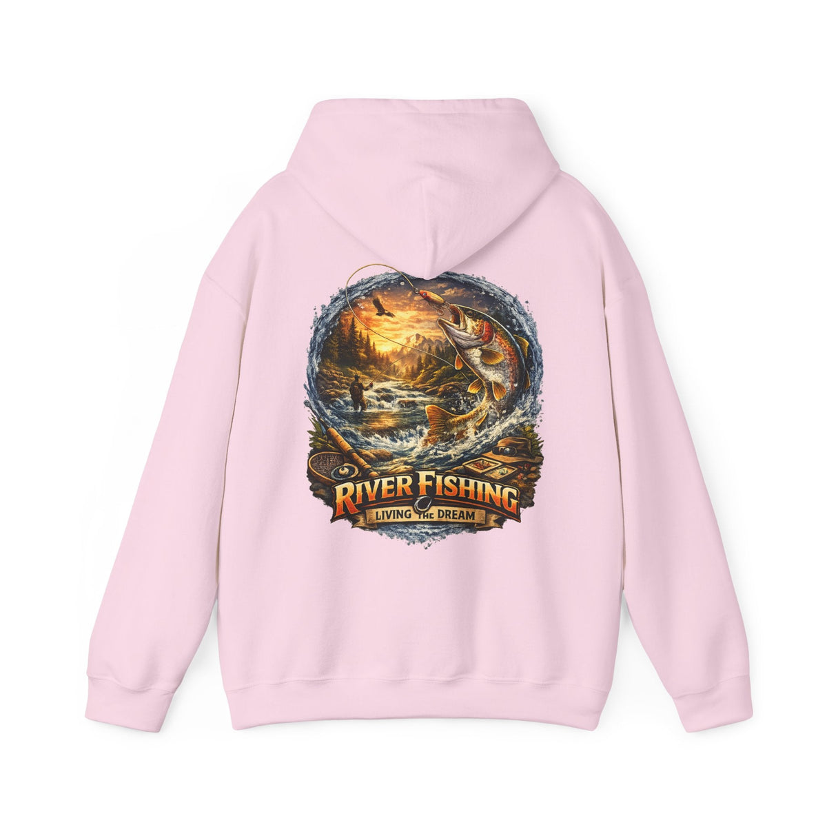 River Fishing Living the Dream Back Print Hoodie Angler Fishing Hoodie - SJM Print Store