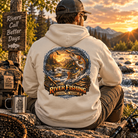 River Fishing Living the Dream Back Print Hoodie Angler Fishing Hoodie - SJM Print Store