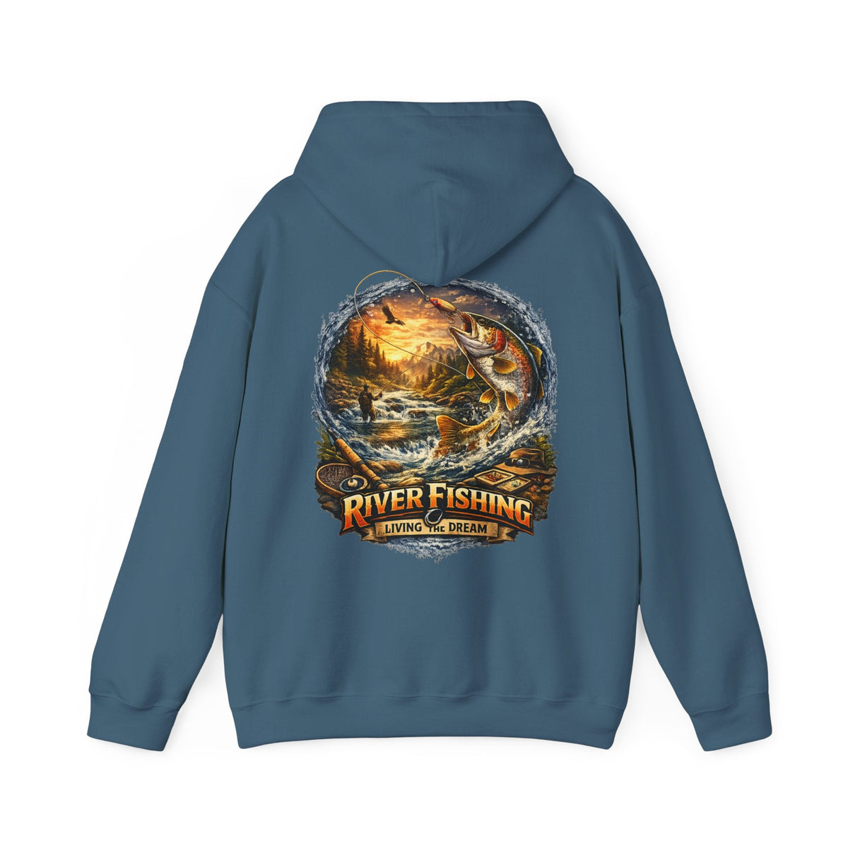 River Fishing Living the Dream Back Print Hoodie Angler Fishing Hoodie - SJM Print Store