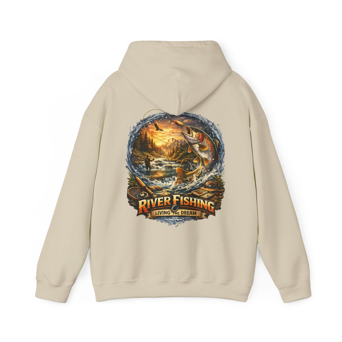 River Fishing Living the Dream Back Print Hoodie Angler Fishing Hoodie - SJM Print Store