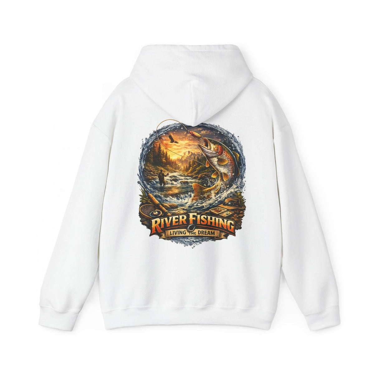 River Fishing Living the Dream Back Print Hoodie Angler Fishing Hoodie - SJM Print Store