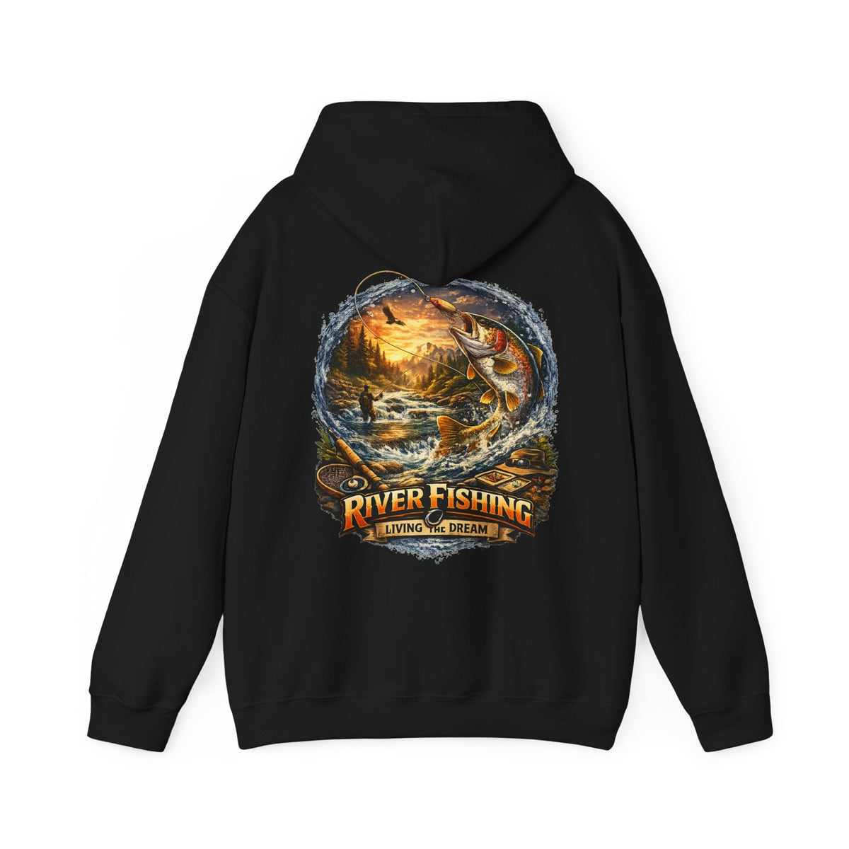 River Fishing Living the Dream Back Print Hoodie Angler Fishing Hoodie - SJM Print Store