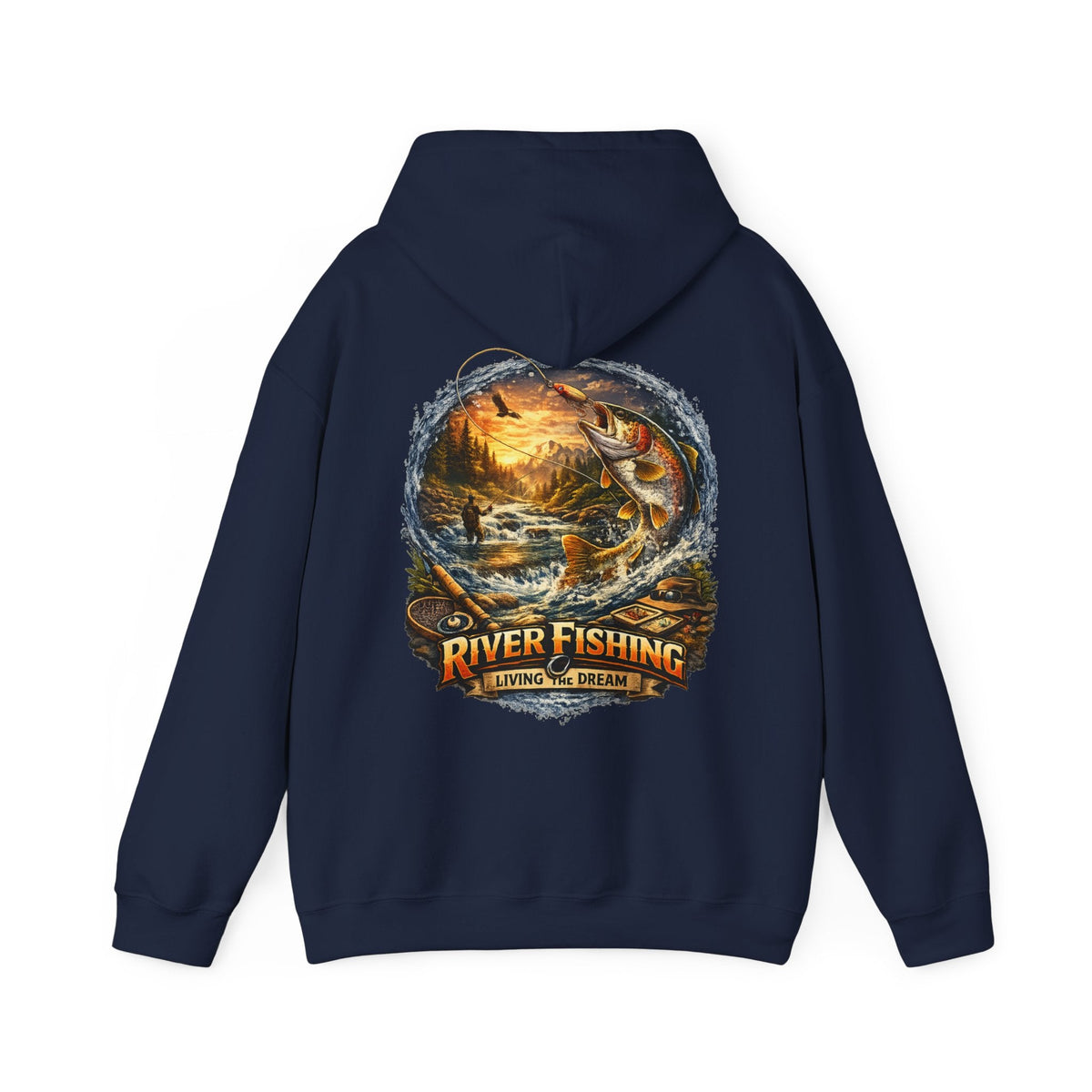 River Fishing Living the Dream Back Print Hoodie Angler Fishing Hoodie - SJM Print Store