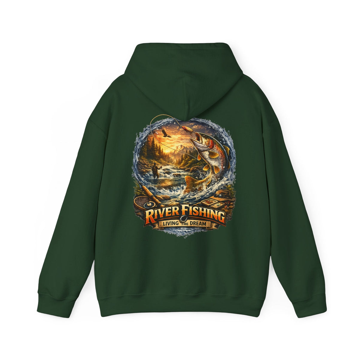 River Fishing Living the Dream Back Print Hoodie Angler Fishing Hoodie - SJM Print Store