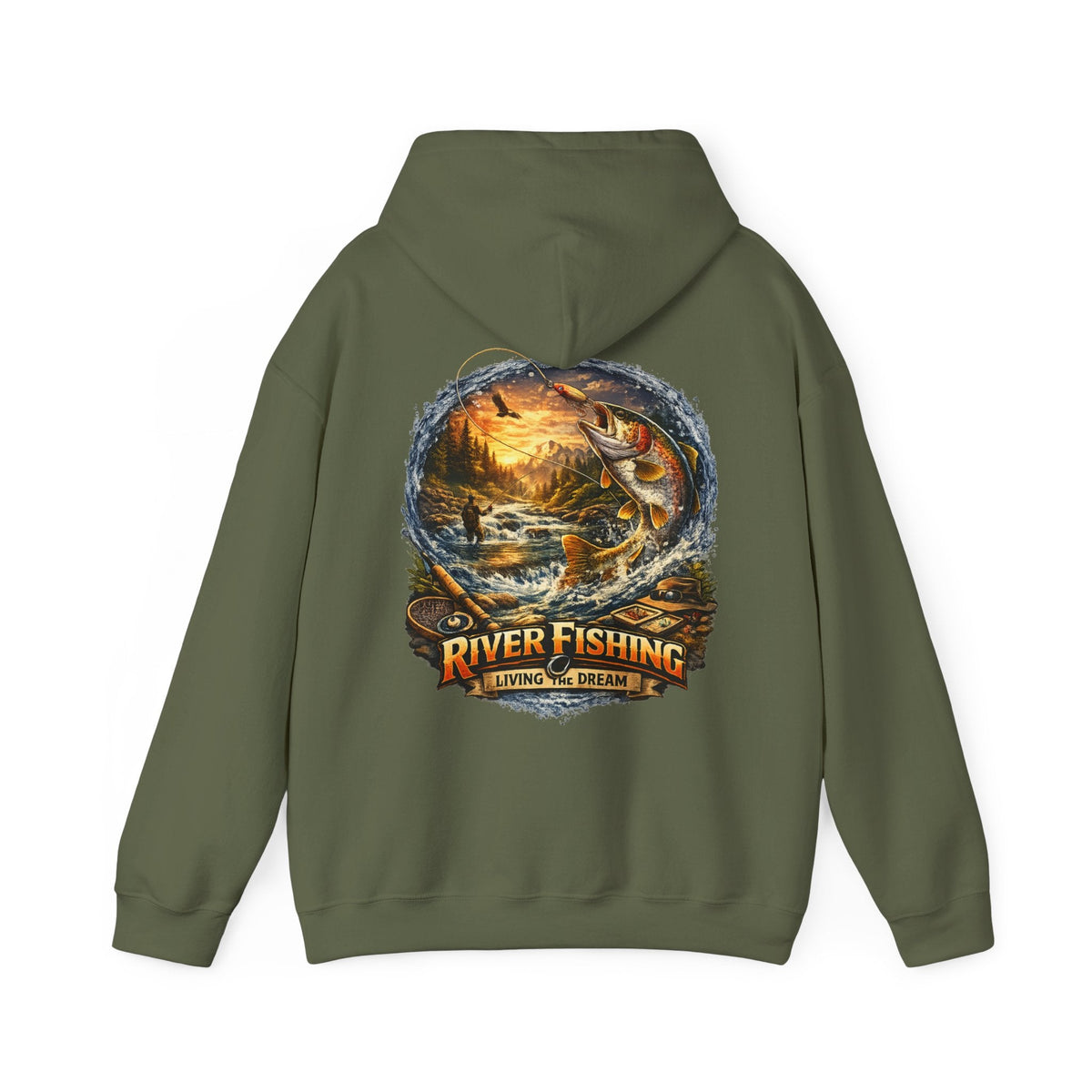 River Fishing Living the Dream Back Print Hoodie Angler Fishing Hoodie - SJM Print Store