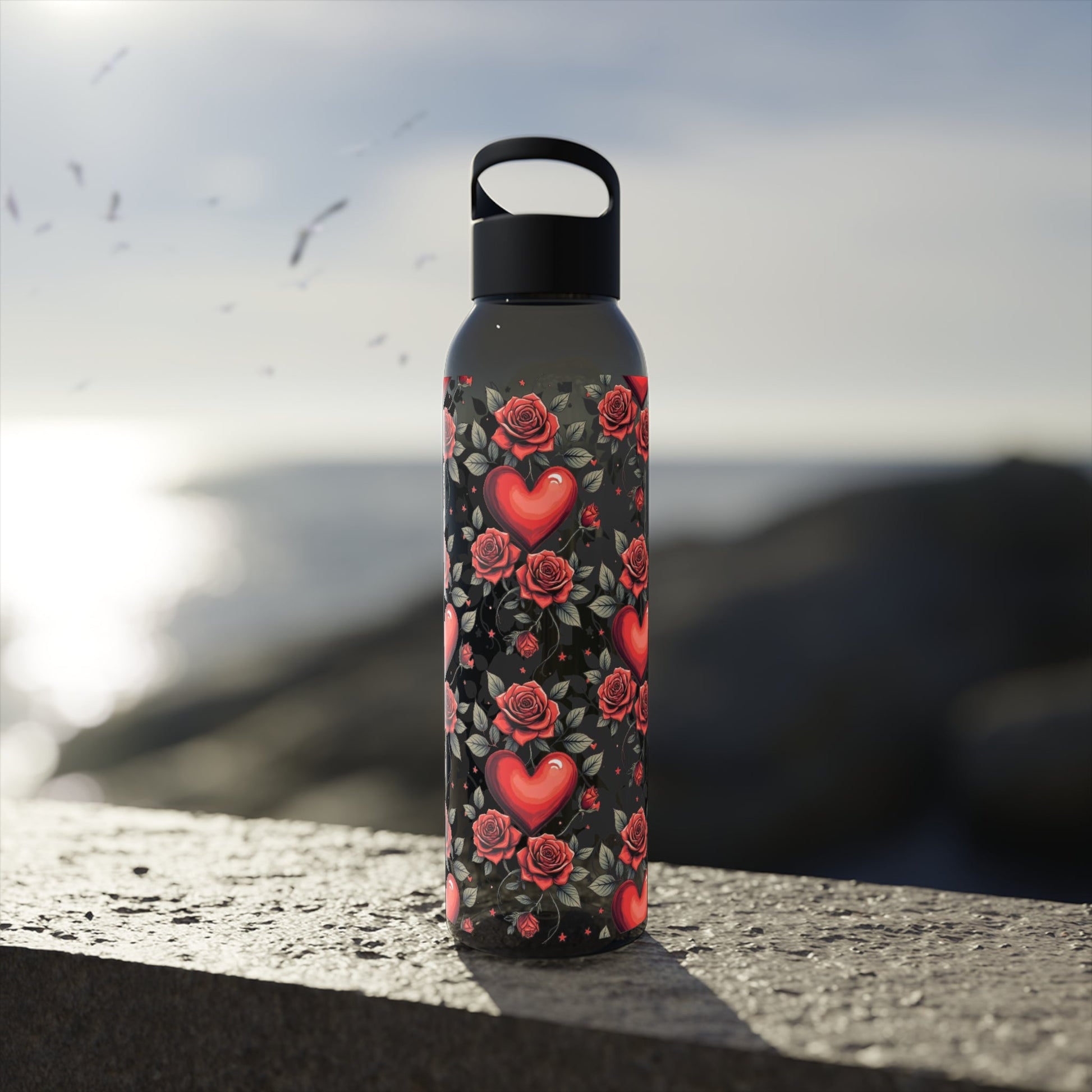 Rose & Heart Pattern Water Bottle â€” Romantic Floral Drink Bottle - SJM Print Store