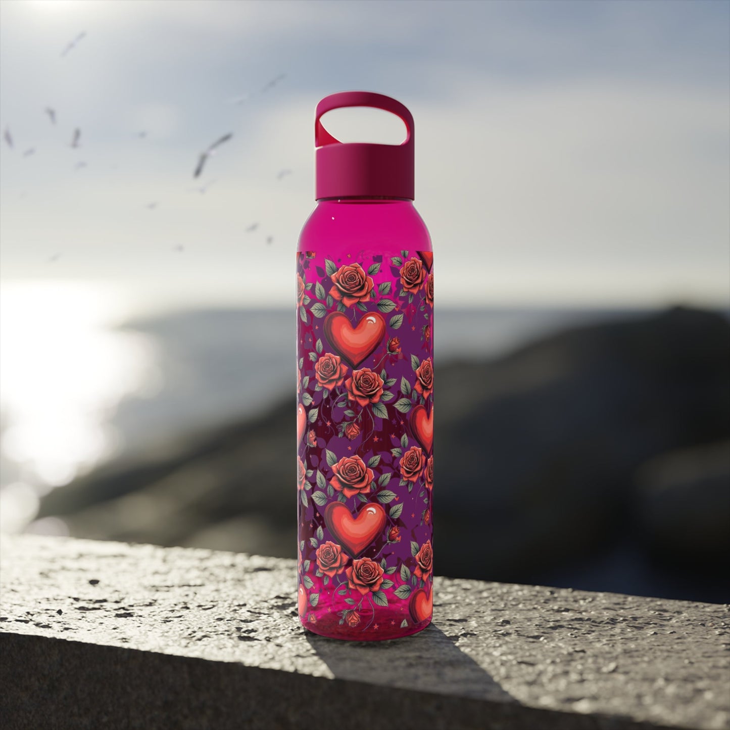 Rose & Heart Pattern Water Bottle â€” Romantic Floral Drink Bottle - SJM Print Store