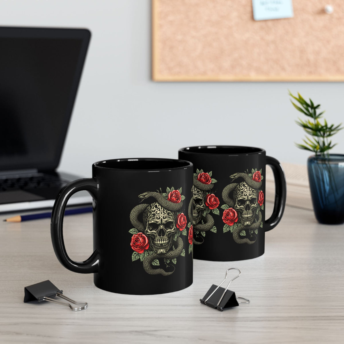 Skull Snake & Roses Black Mug | Gothic Tattoo Style Mug - SJM Print Store