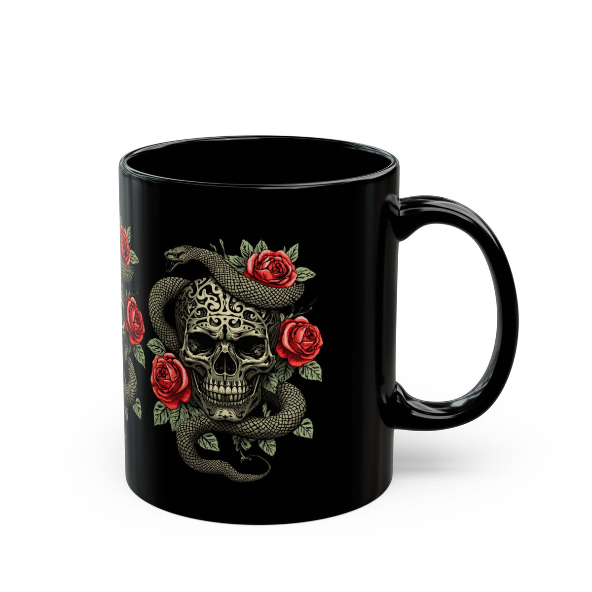 Skull Snake & Roses Black Mug | Gothic Tattoo Style Mug - SJM Print Store