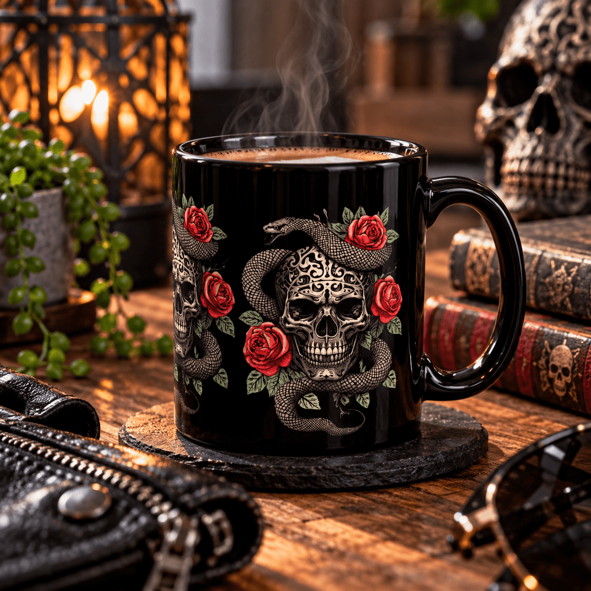 Skull Snake & Roses Black Mug | Gothic Tattoo Style Mug - SJM Print Store