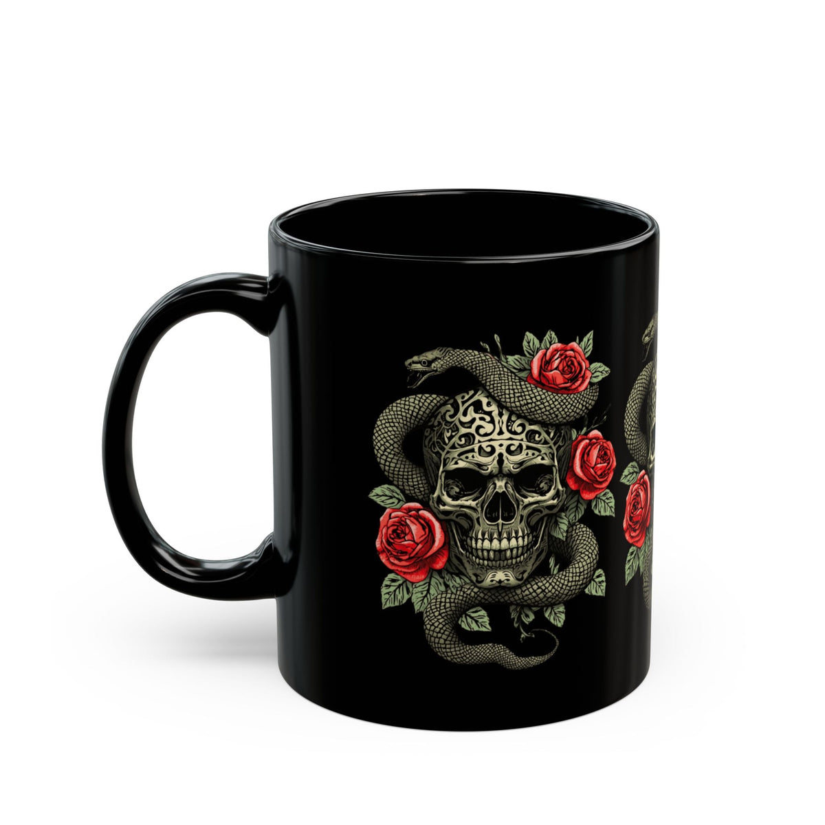 Skull Snake & Roses Black Mug | Gothic Tattoo Style Mug - SJM Print Store