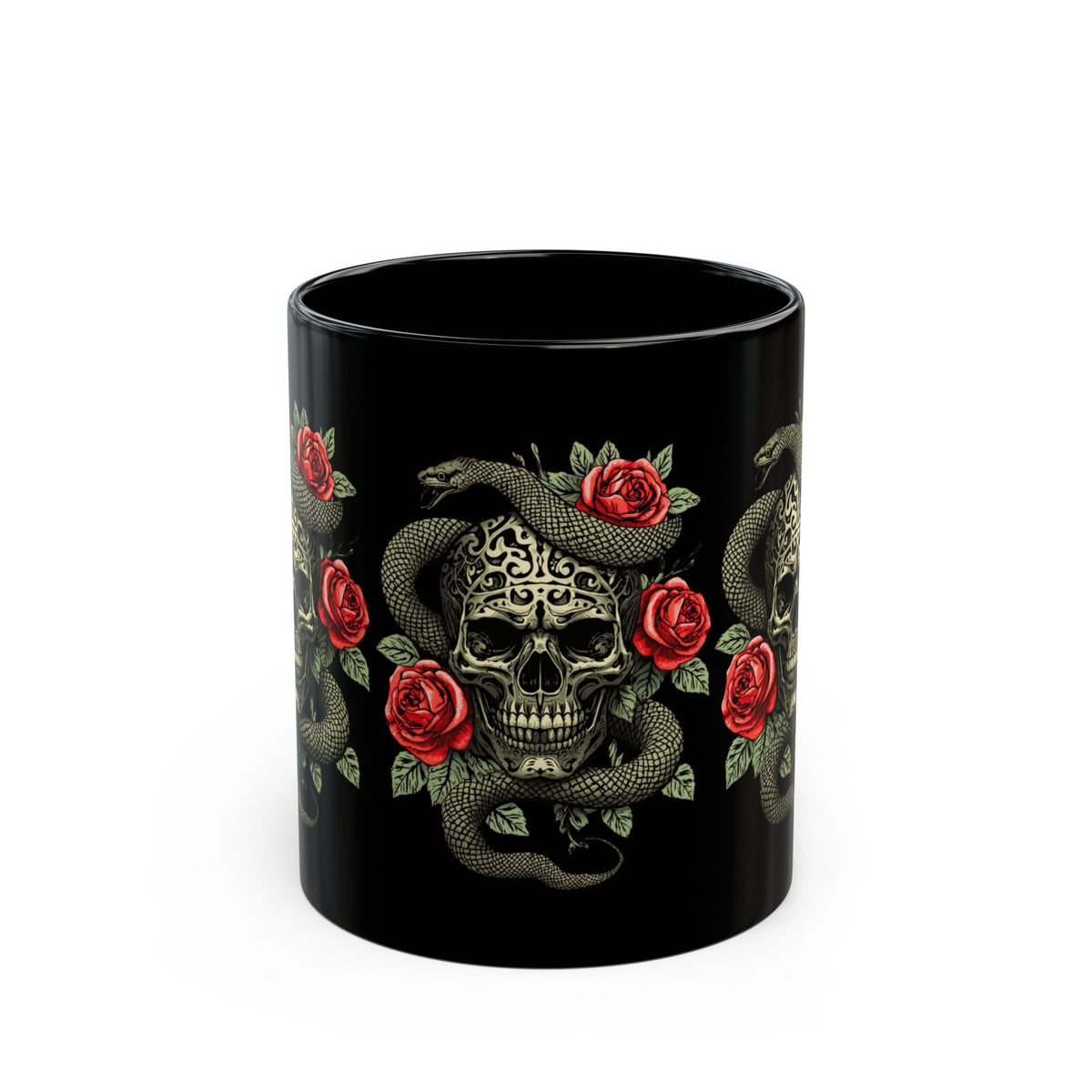 Skull Snake & Roses Black Mug | Gothic Tattoo Style Mug - SJM Print Store
