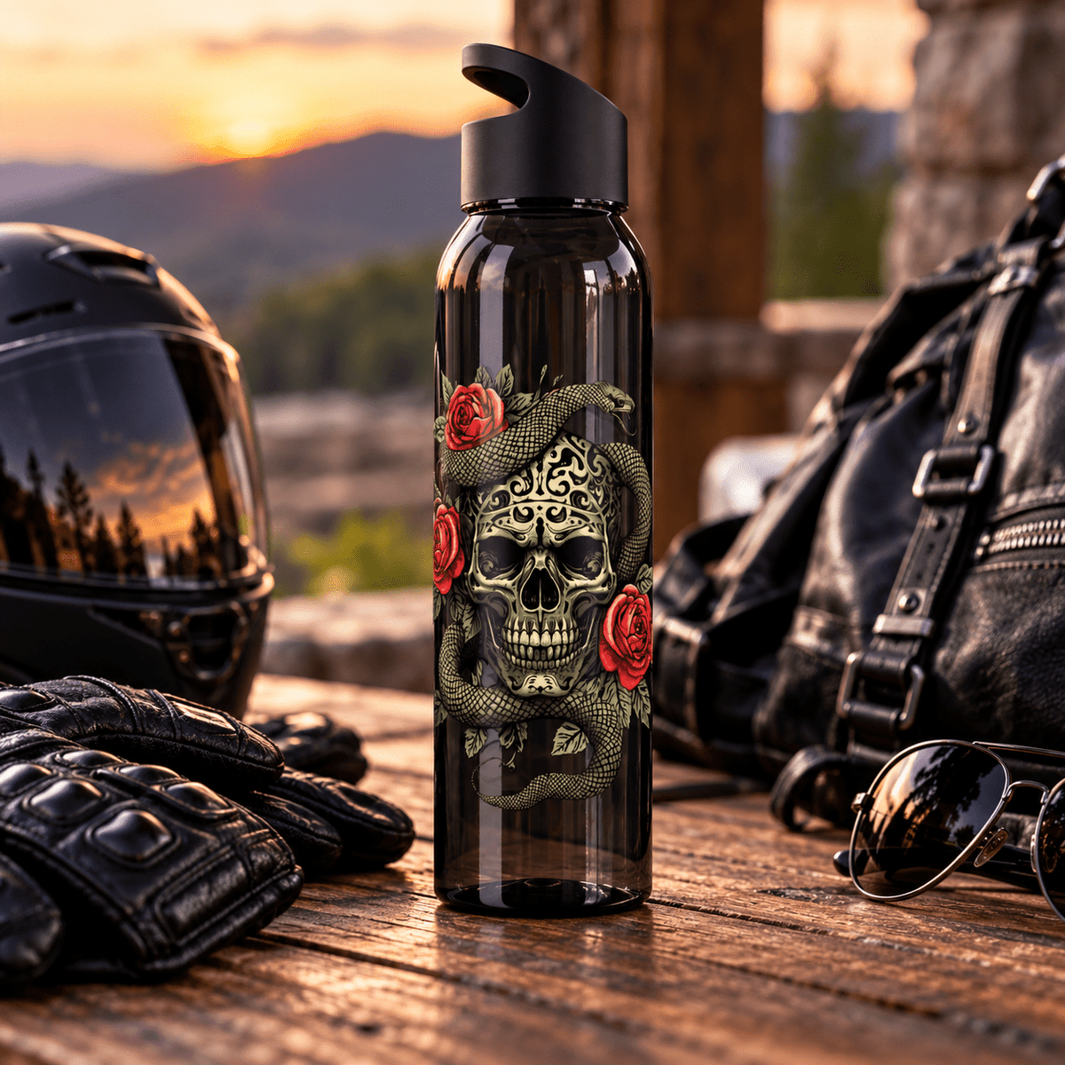Skull Snake & Roses Water Bottle | Gothic Tattoo Inspired 21.9oz Drinks Bottle - SJM Print Store