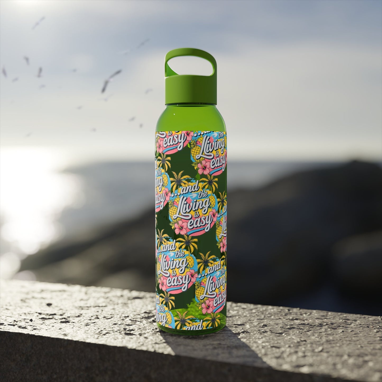 Sky Water Bottle â€“ 'Living Easy' Tropical Stainless Bottle - SJM Print Store