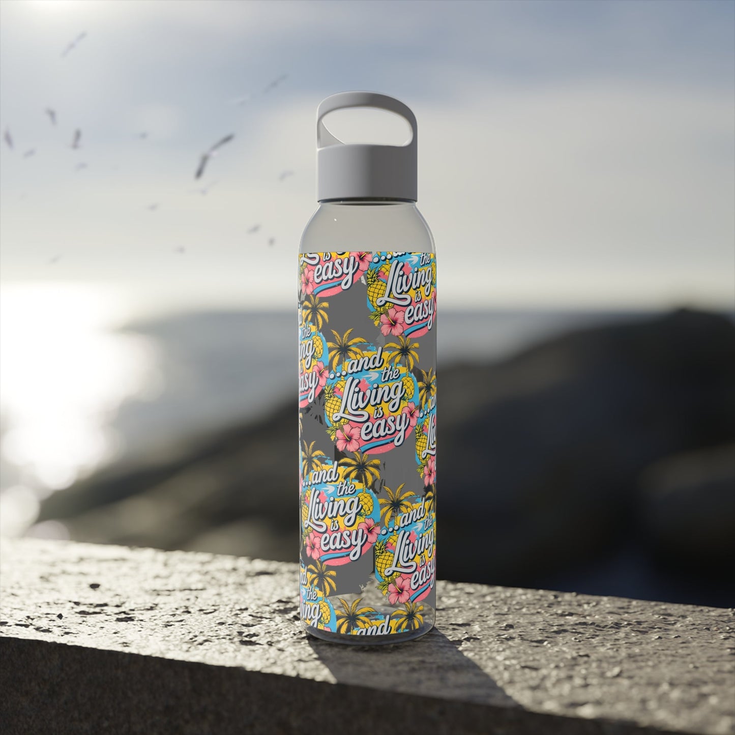Sky Water Bottle â€“ 'Living Easy' Tropical Stainless Bottle - SJM Print Store