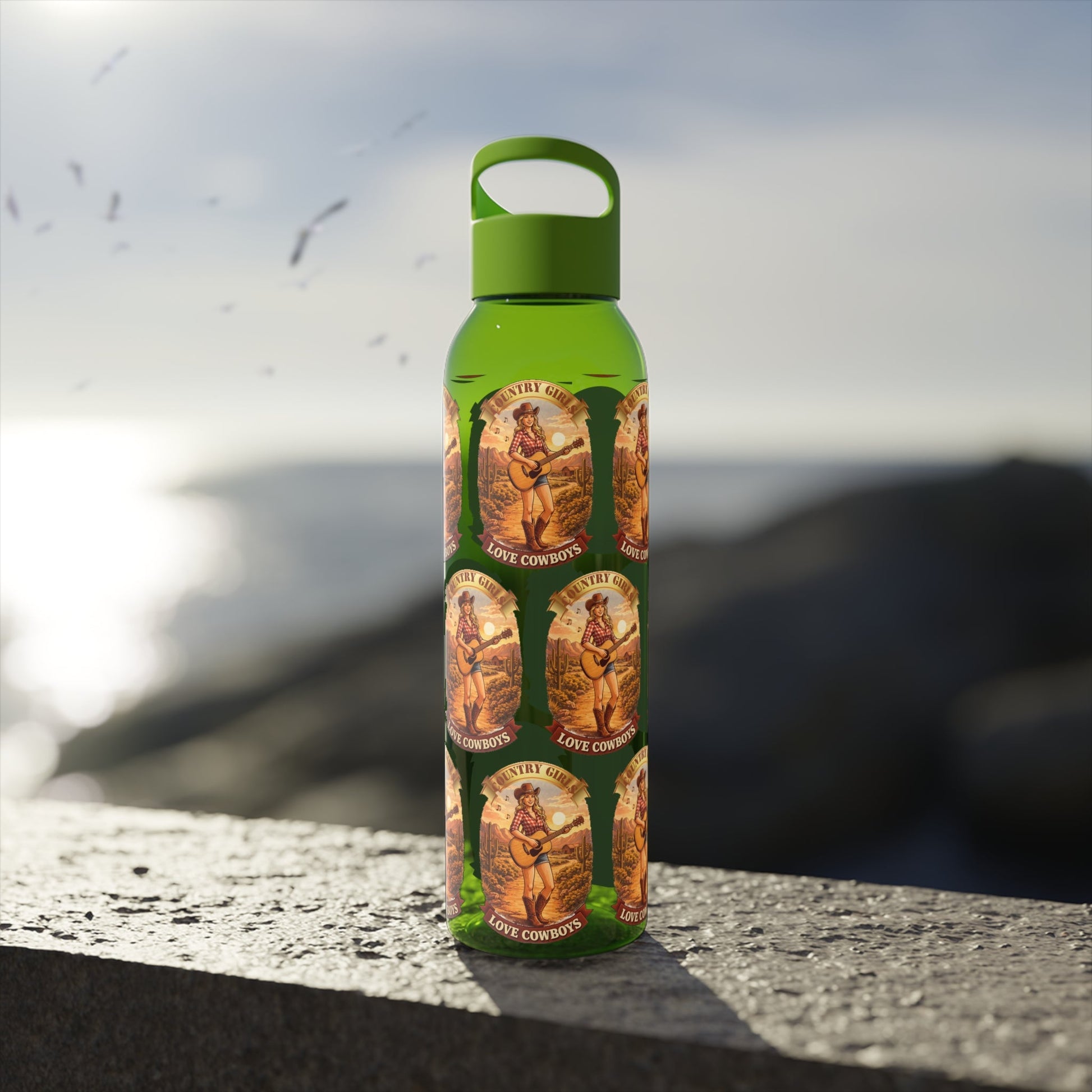 Sky Water Bottle: Vintage Cowboy Graphic Plastic Water Bottle - SJM Print Store