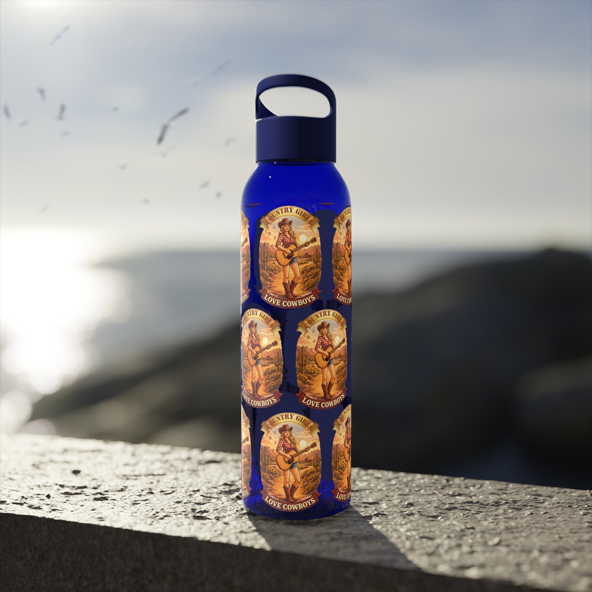 Sky Water Bottle: Vintage Cowboy Graphic Plastic Water Bottle - SJM Print Store