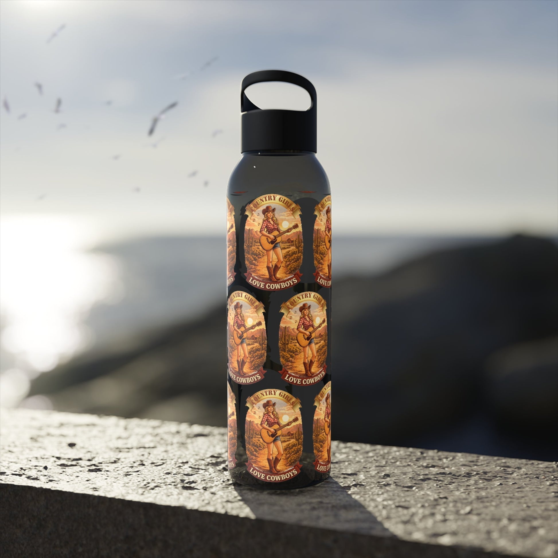 Sky Water Bottle: Vintage Cowboy Graphic Plastic Water Bottle - SJM Print Store