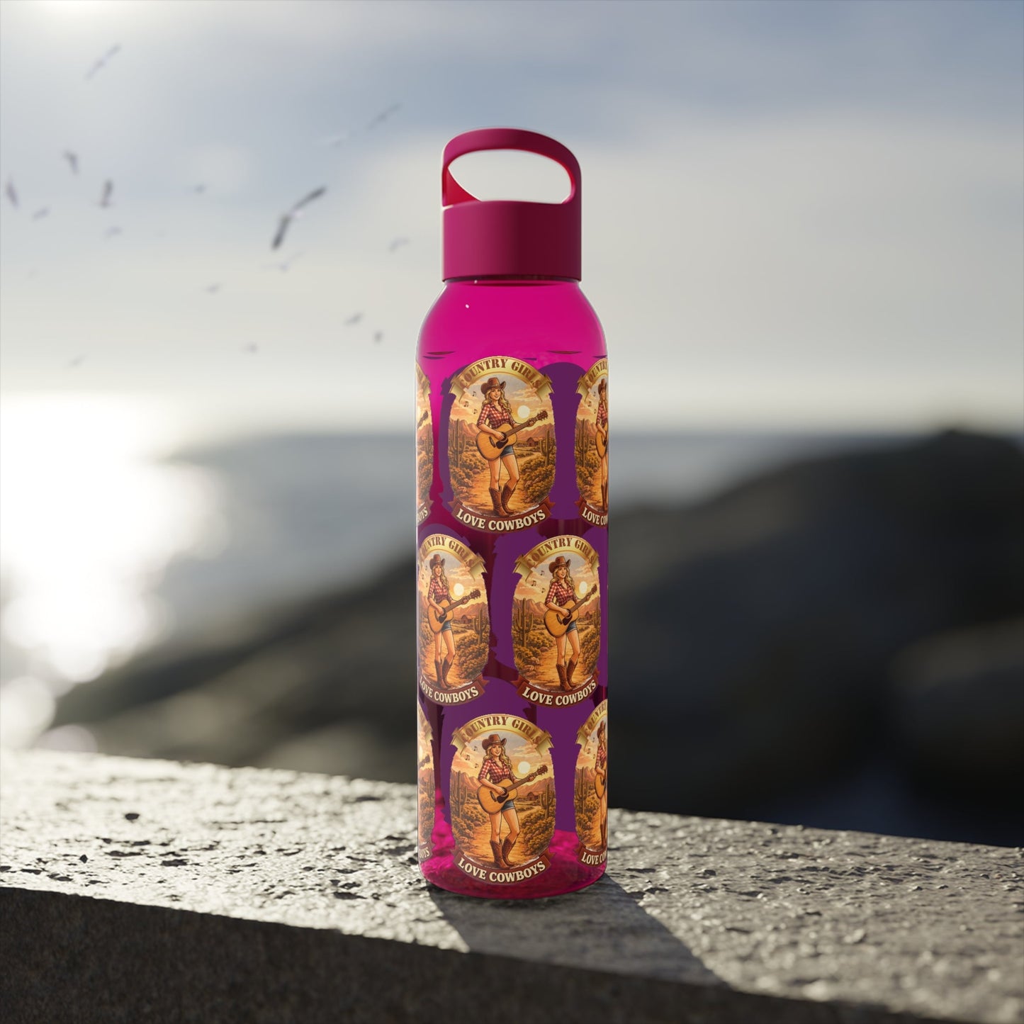 Sky Water Bottle: Vintage Cowboy Graphic Plastic Water Bottle - SJM Print Store