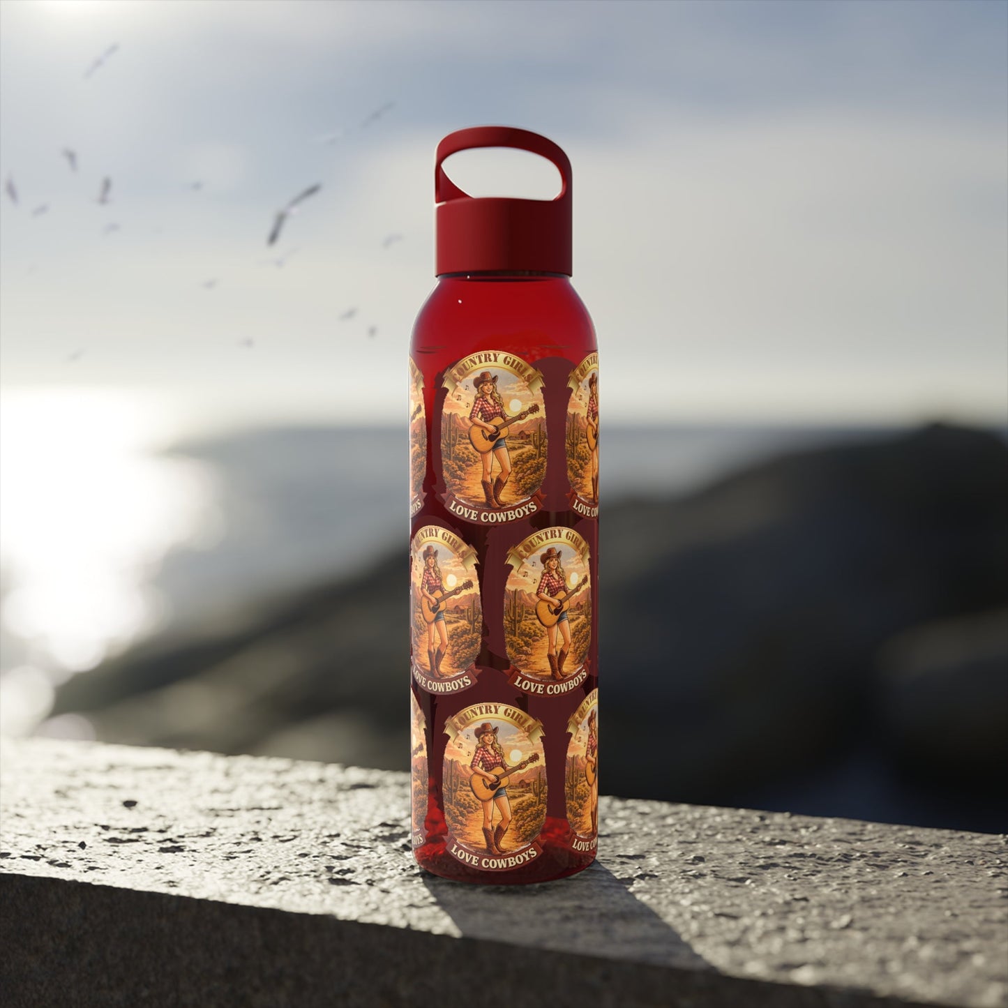 Sky Water Bottle: Vintage Cowboy Graphic Plastic Water Bottle - SJM Print Store