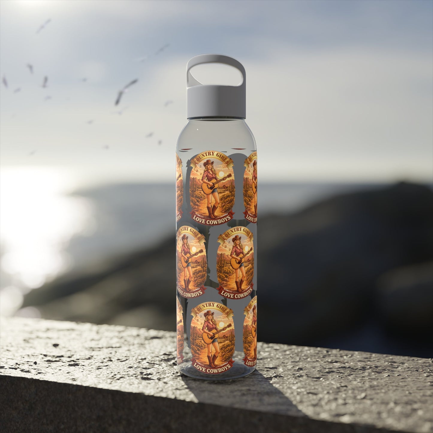 Sky Water Bottle: Vintage Cowboy Graphic Plastic Water Bottle - SJM Print Store