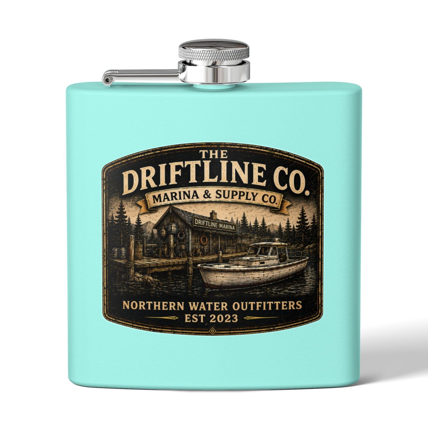 The Driftline Company Marina & Supply Co. Hip Flask | Northern Water Outfitters Stainless Steel Flask - SJM Print Store