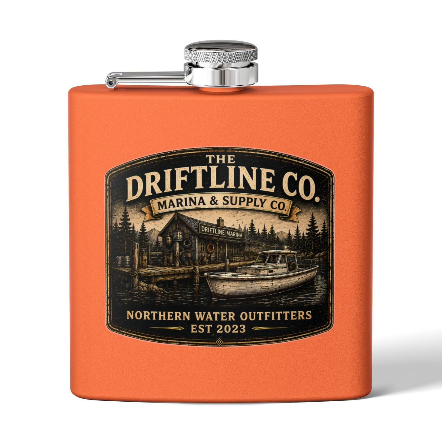 The Driftline Company Marina & Supply Co. Hip Flask | Northern Water Outfitters Stainless Steel Flask - SJM Print Store