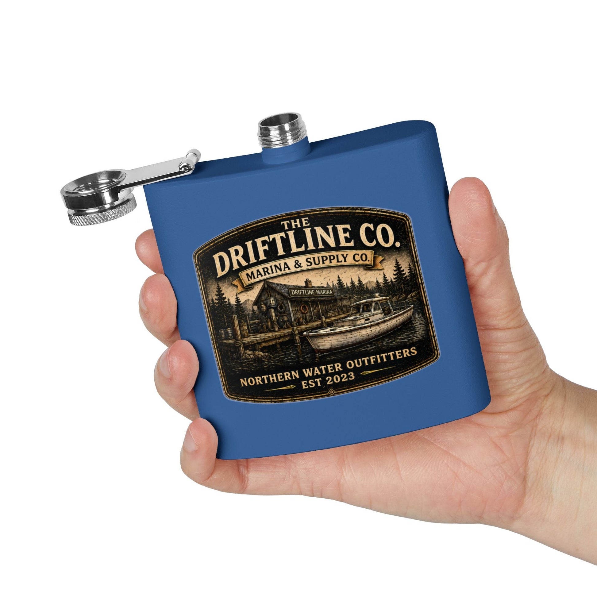 The Driftline Company Marina & Supply Co. Hip Flask | Northern Water Outfitters Stainless Steel Flask - SJM Print Store