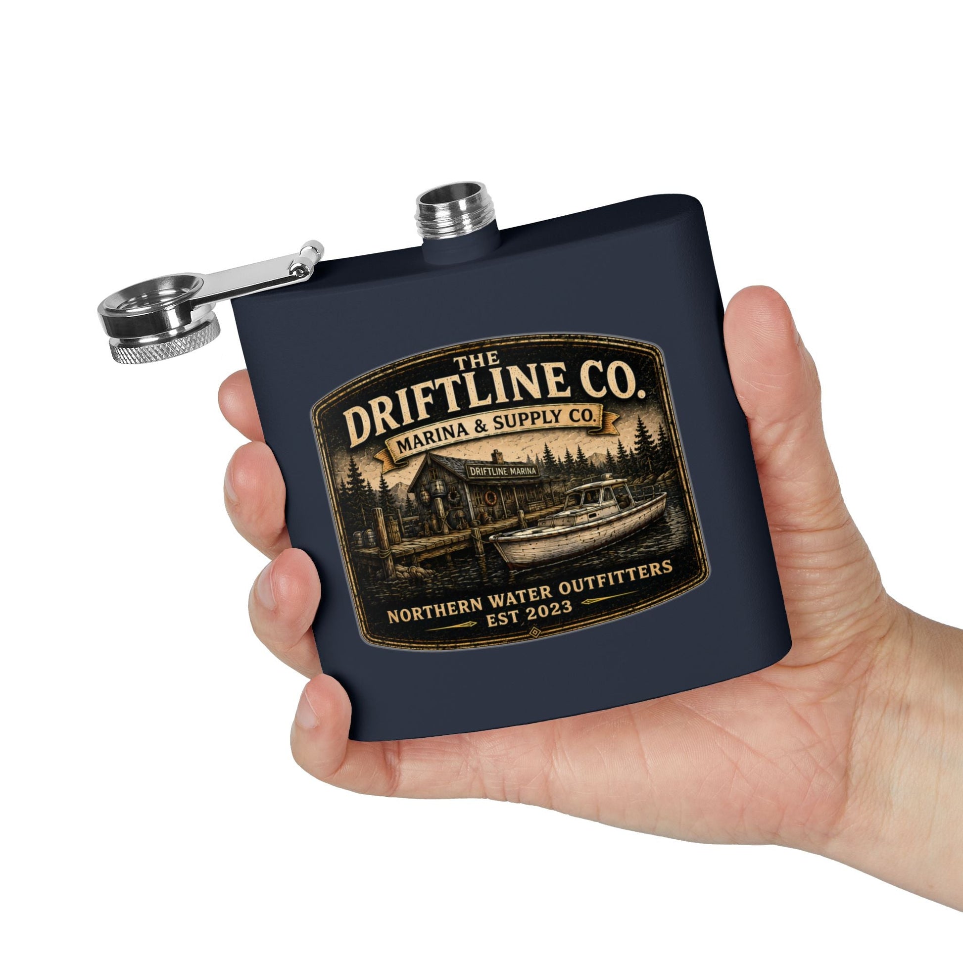 The Driftline Company Marina & Supply Co. Hip Flask | Northern Water Outfitters Stainless Steel Flask - SJM Print Store