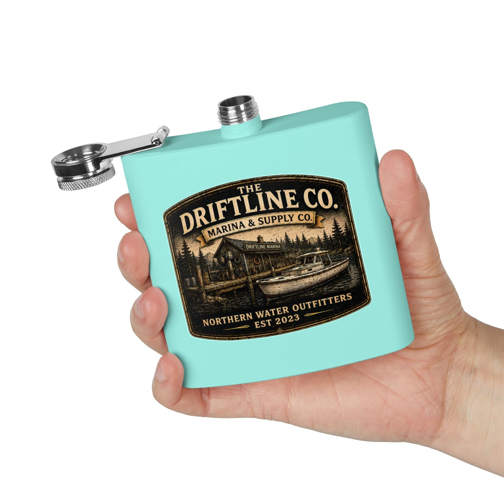 The Driftline Company Marina & Supply Co. Hip Flask | Northern Water Outfitters Stainless Steel Flask - SJM Print Store