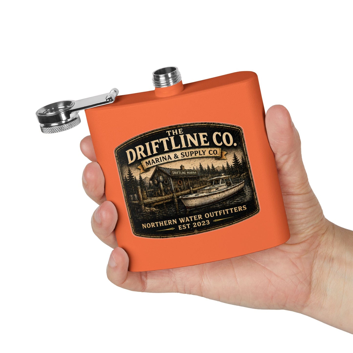The Driftline Company Marina & Supply Co. Hip Flask | Northern Water Outfitters Stainless Steel Flask - SJM Print Store