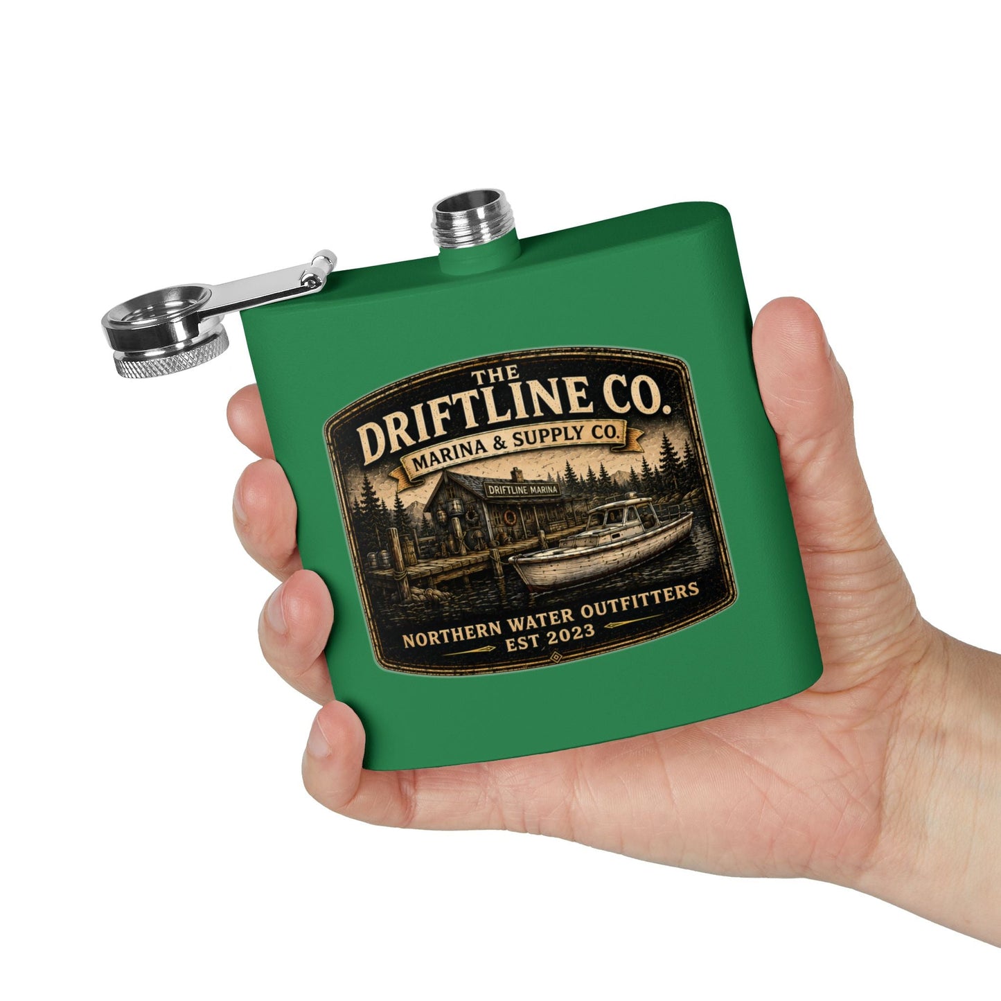 The Driftline Company Marina & Supply Co. Hip Flask | Northern Water Outfitters Stainless Steel Flask - SJM Print Store