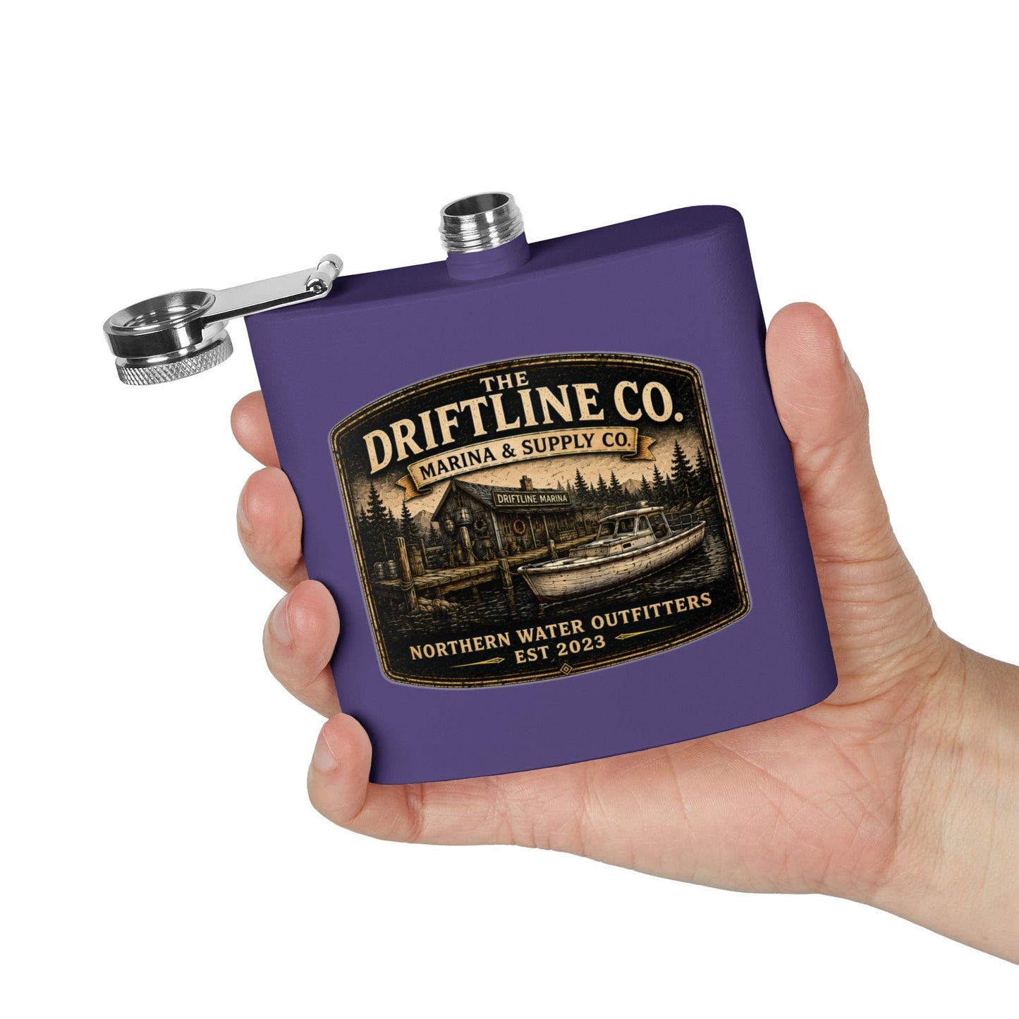 The Driftline Company Marina & Supply Co. Hip Flask | Northern Water Outfitters Stainless Steel Flask - SJM Print Store