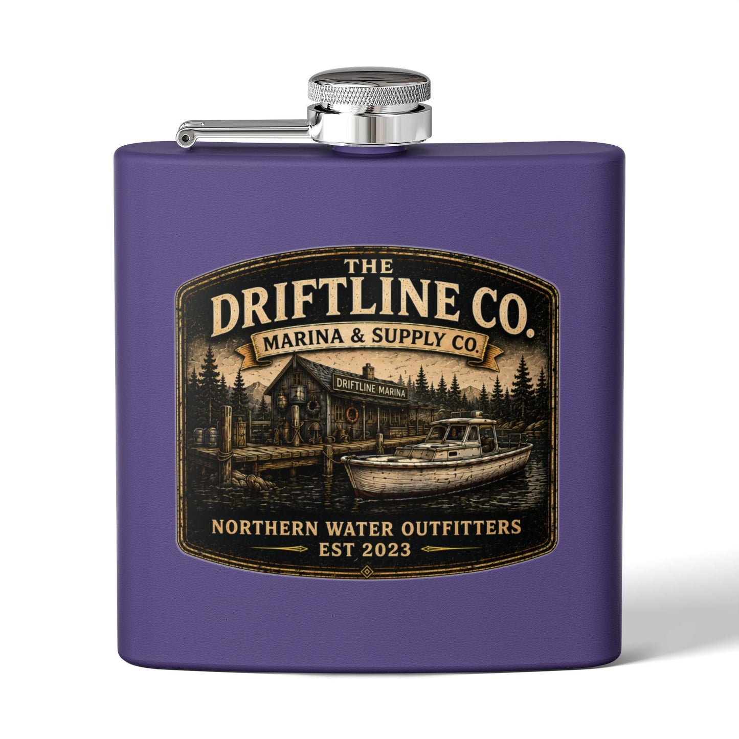 The Driftline Company Marina & Supply Co. Hip Flask | Northern Water Outfitters Stainless Steel Flask - SJM Print Store
