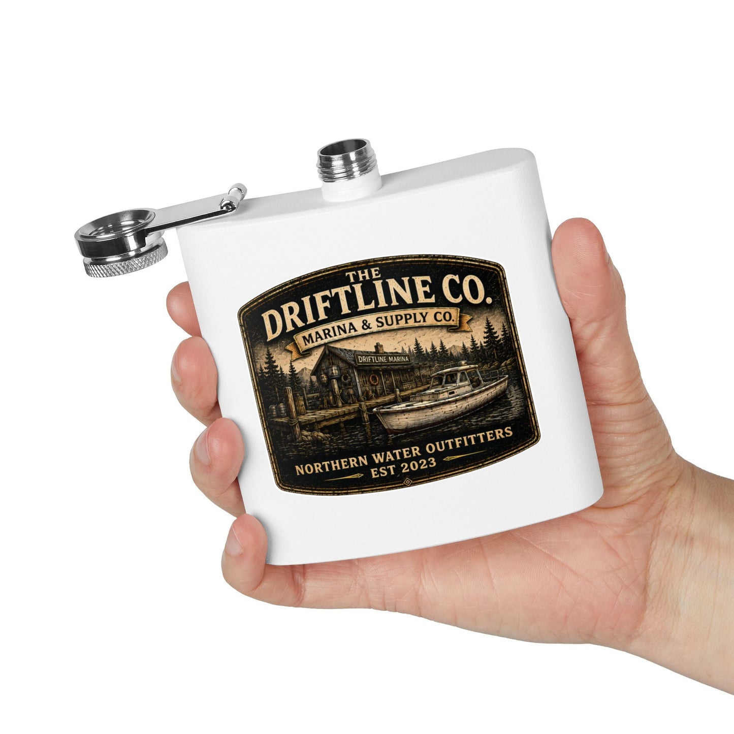 The Driftline Company Marina & Supply Co. Hip Flask | Northern Water Outfitters Stainless Steel Flask - SJM Print Store