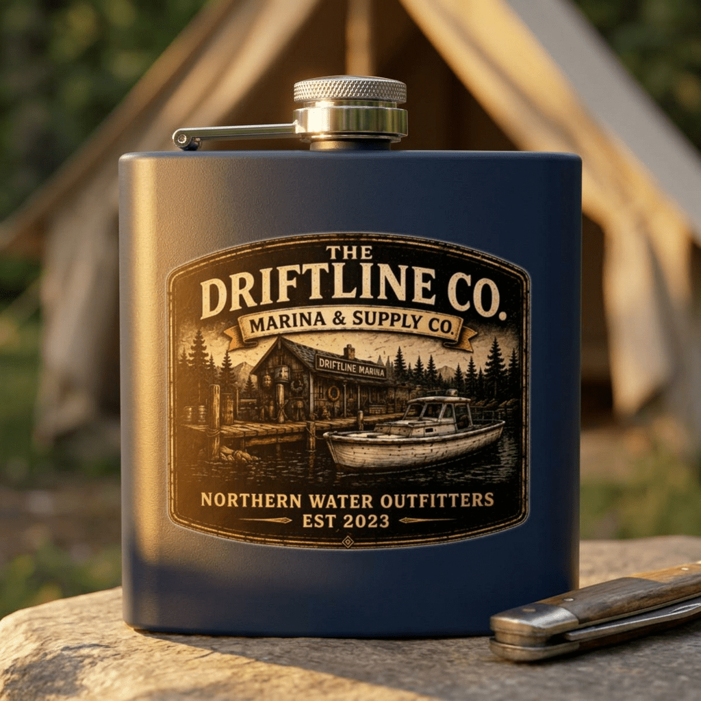 The Driftline Company Marina & Supply Co. Hip Flask | Northern Water Outfitters Stainless Steel Flask - SJM Print Store