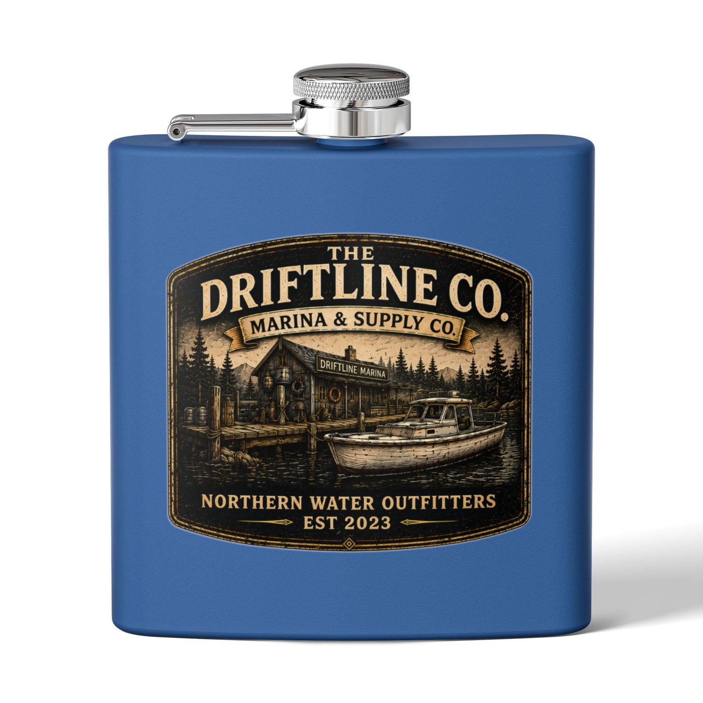 The Driftline Company Marina & Supply Co. Hip Flask | Northern Water Outfitters Stainless Steel Flask - SJM Print Store