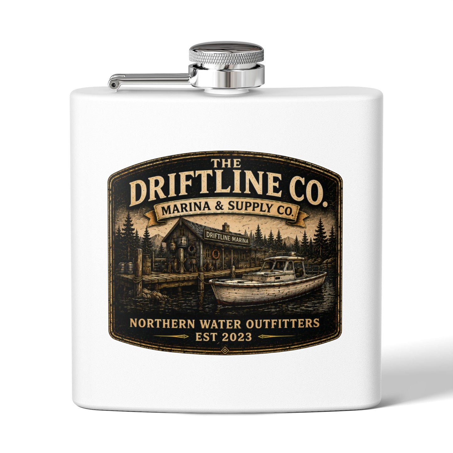 The Driftline Company Marina & Supply Co. Hip Flask | Northern Water Outfitters Stainless Steel Flask - SJM Print Store