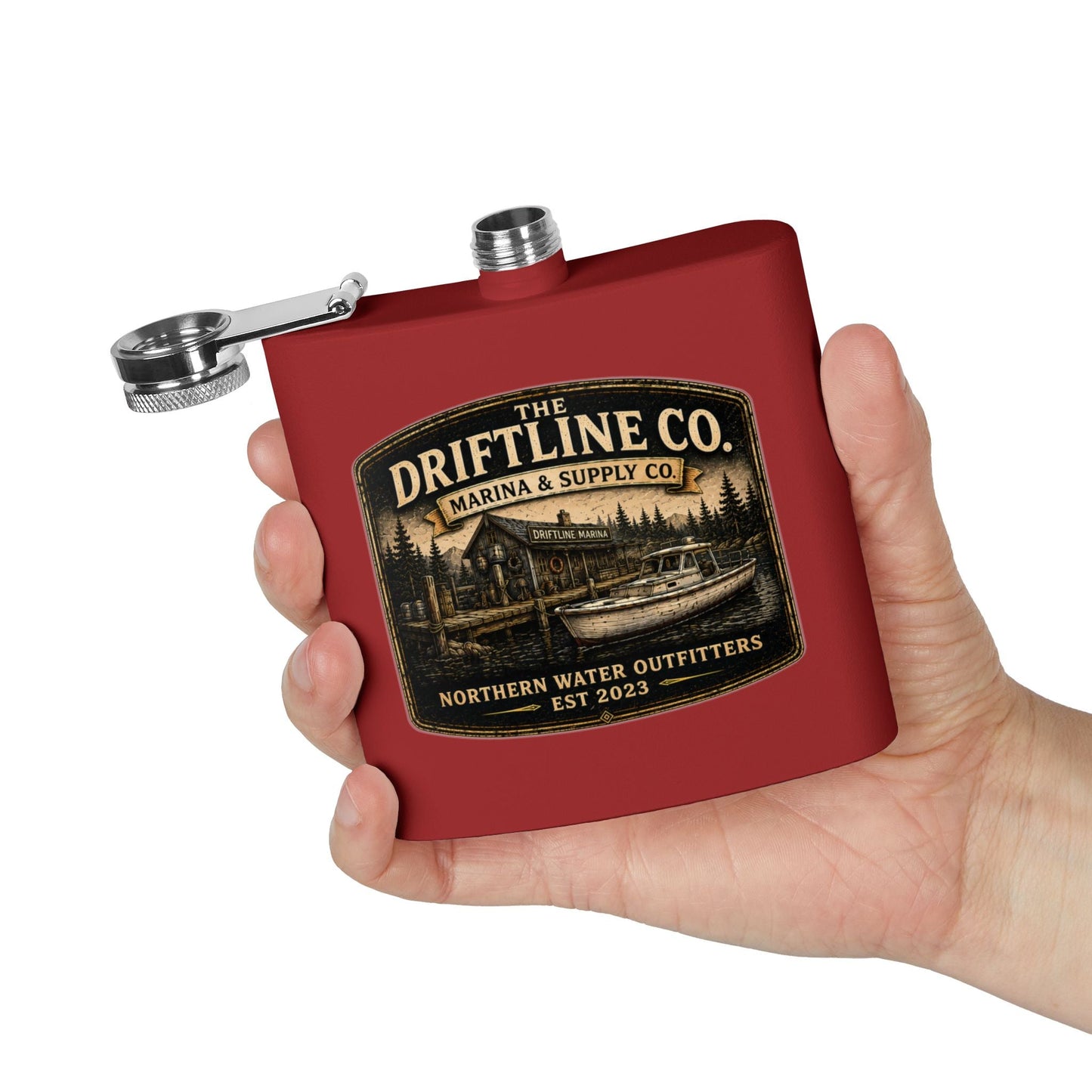 The Driftline Company Marina & Supply Co. Hip Flask | Northern Water Outfitters Stainless Steel Flask - SJM Print Store