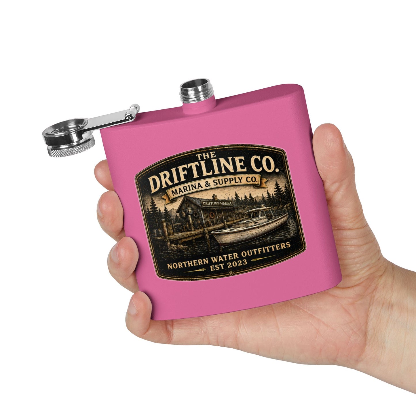 The Driftline Company Marina & Supply Co. Hip Flask | Northern Water Outfitters Stainless Steel Flask - SJM Print Store